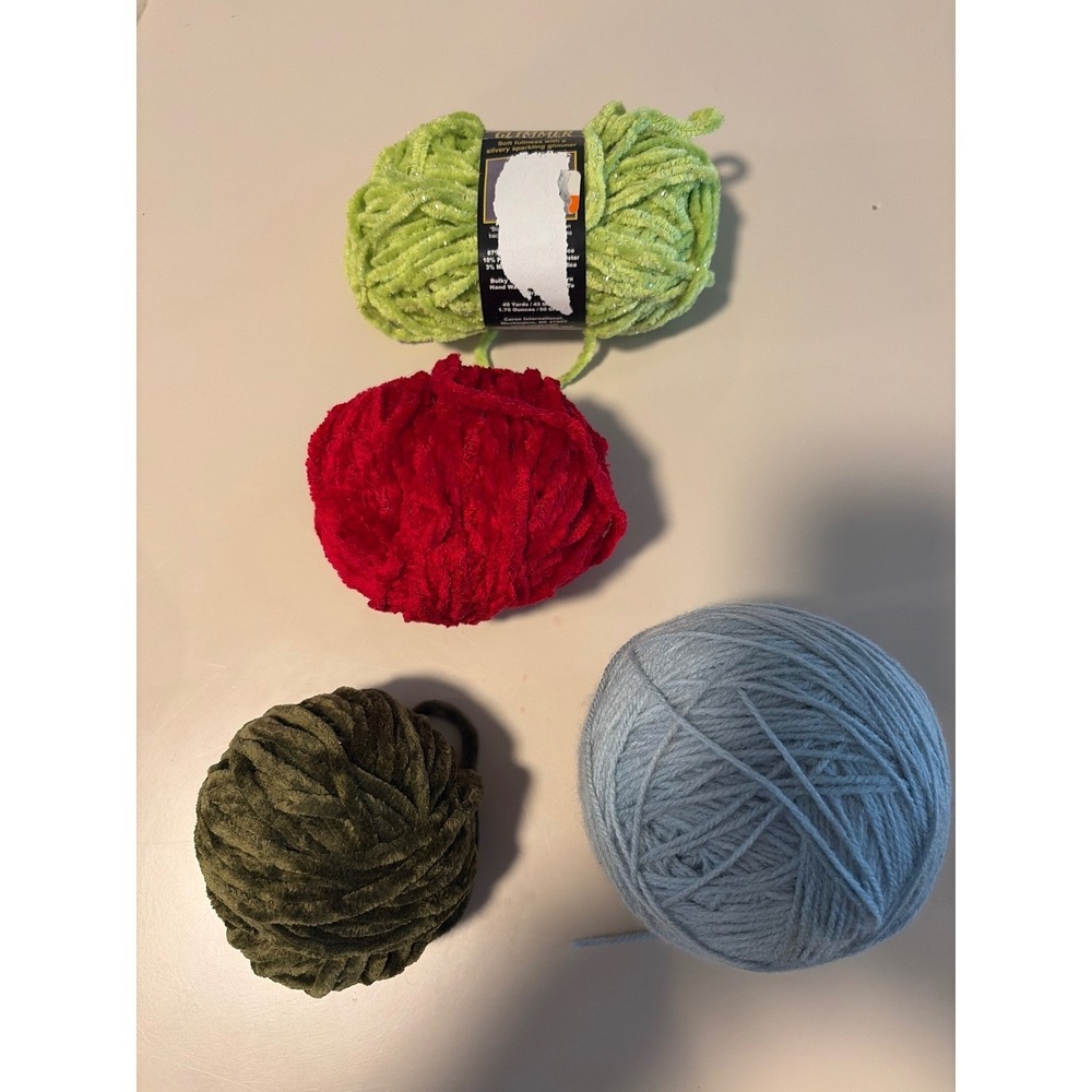 Caron Glimmer Bulky Yarn Lot Lime Green Red Olive Blue Velvet Chenille Mixed 4pc